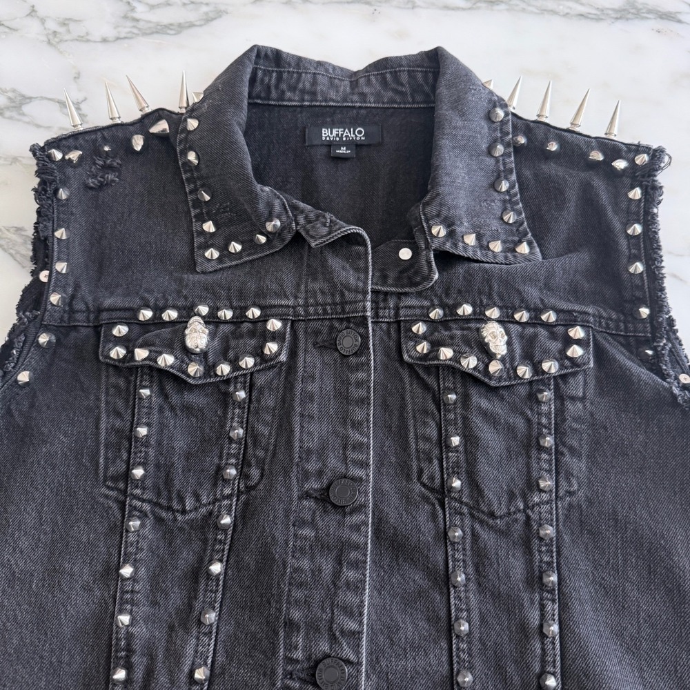 Buffalo David Bitton Studded Spiked Denim Vest Black Punk Rock Skull Unisex M